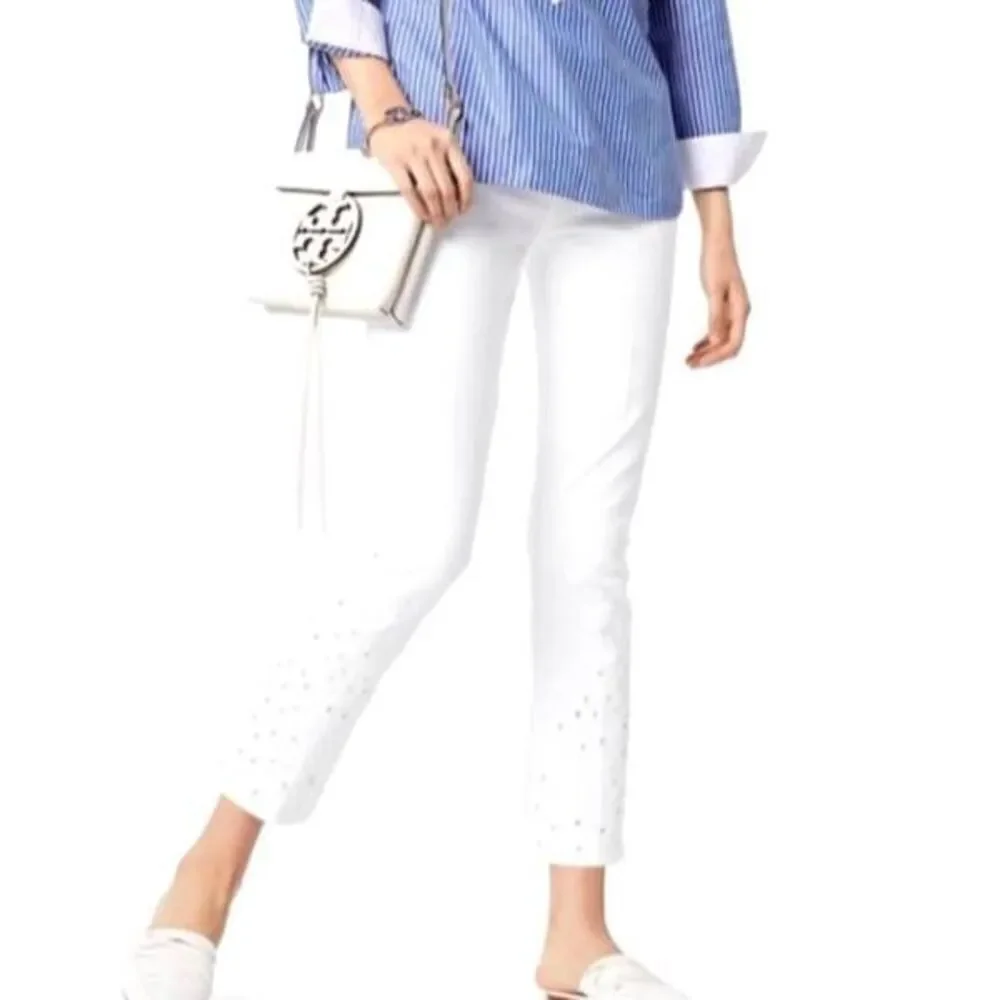 Tory Burch Kiera Straight Leg Embroidered Jeans White Size 25